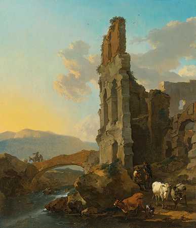 尼古拉斯·皮耶特斯（Nicolaes Pietersz）的《意大利河流风景：圆形剧场废墟边的牧民和农民过桥》，Berchem
