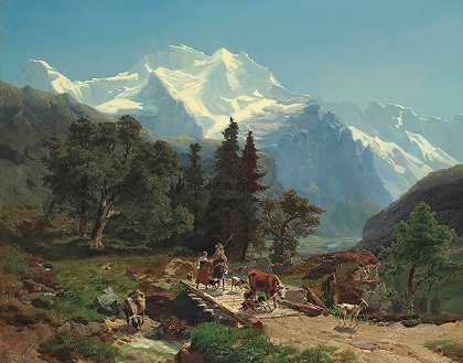 卡尔·施韦奇的《阿尔卑斯山风景中的桥上的司机》