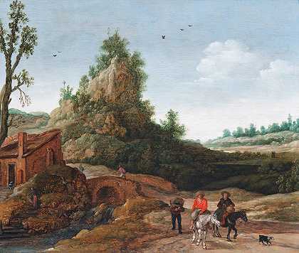 埃塞亚斯·范德维尔德（Esaias van de Velde）的一幅风景画，游客在一座小住宅前过桥，前景是骑兵