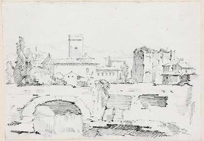 约瑟夫·玛丽·维恩的《一座有石桥和瀑布的意大利小镇》