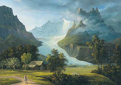 约翰·海因里希·布莱勒的《格林德沃尔德冰川与山峰菲什霍纳和霍恩利格拉特》（The Glacier Of Grindelwald With Mountain Peaks Fieschörner And Hörnligrat）