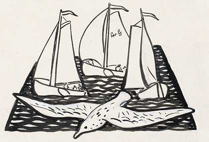 《三艘帆船和一只海鸥》（Leo Gestel）