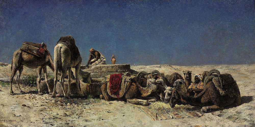 埃德温·洛德·威克斯的《水池边的骆驼》