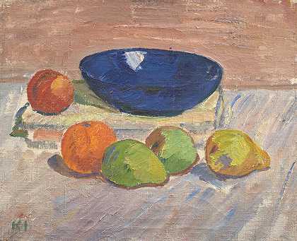 卡尔·伊萨克森的《蓝色碗和水果的静物》
