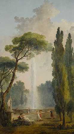 休伯特·罗伯特（Hubert Robert）的《花园景色》，花园中央有一个大型喷泉，前景中有放松和跳舞的身影