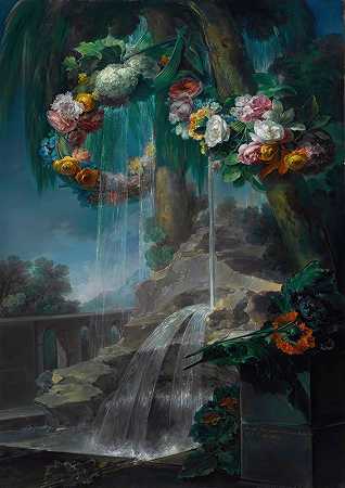 Miguel Parra Abril的“一个室外场景，春天流入池塘，花环和远处的渡槽”