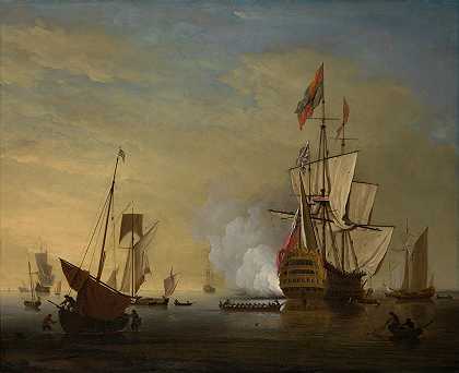 彼得·莫纳米（Peter Monamy）的《海港场景：一艘英国船的帆松了开炮》