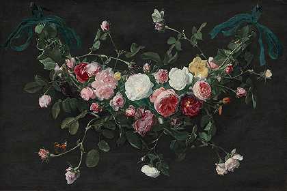 丹尼尔·塞格斯（Daniel Seghers）的《一朵玫瑰和常春藤的花环，用丝带悬挂，上面有一颗白菜和一只龟甲蝴蝶》