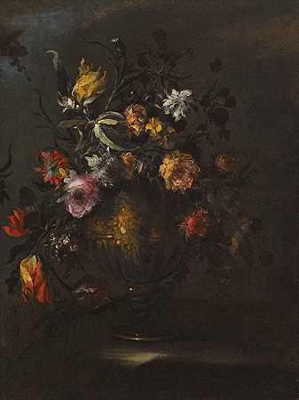玛格丽塔·卡菲（Margherita Caffi）的《石壁上青铜花瓶中玫瑰、郁金香和其他花朵的静物》