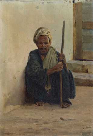 “卢克索，阿拉伯人，拿着棍子坐在街上，亨利·布罗克曼