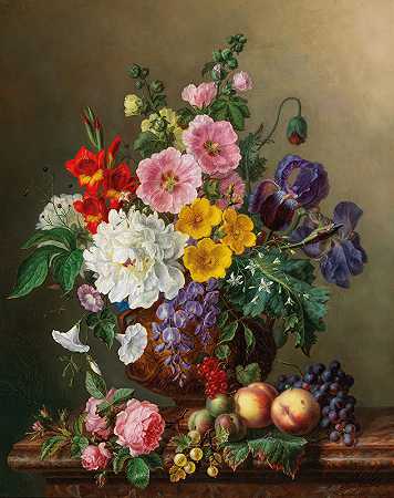 玛丽·尤弗罗辛·雅克的《一大束桃子和葡萄花》