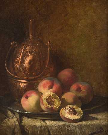 Pierre Marie Beyle的《器皿与桃子的静物》