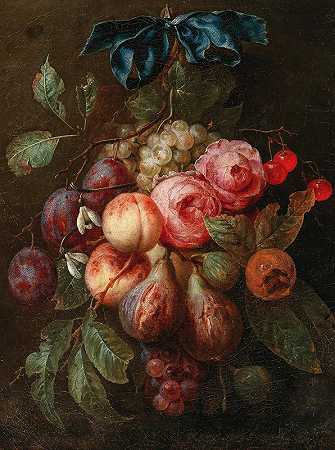 Joris van Son的《挂在丝带上的水果和鲜花》