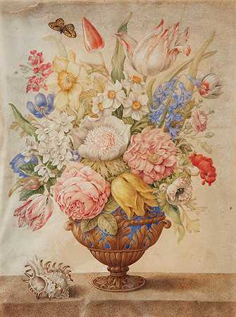 乔瓦娜·加佐尼的《大理石顶上的青金石花瓶中的花，有海螺壳和帝王蝶》