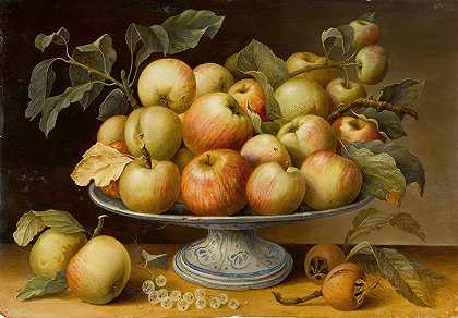 Fede Galizia的《风度》中的“马约利卡塔萨上的苹果，以及枸杞和白醋栗的静物”