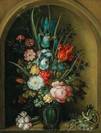 “罗兰·萨弗里（Roelant Savery）在一个玻璃花瓶里与一只蜥蜴混合开的花