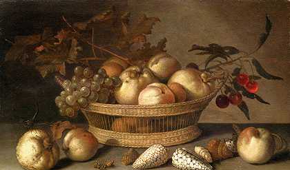 Balthasar van der Ast的《一个装满樱桃、苹果、桃子和一束葡萄的篮子》