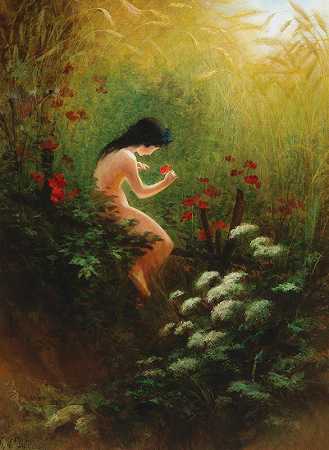 卡尔·威廉·迪芬巴赫的《一个带花的女孩》