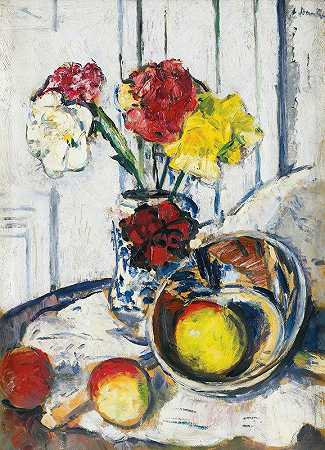 乔治·莱斯利·亨特的《蓝色花瓶里的苹果和花朵的静物》