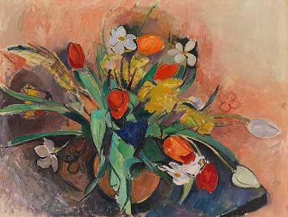 鲁道夫·利维的《郁金香和水仙花花瓶》