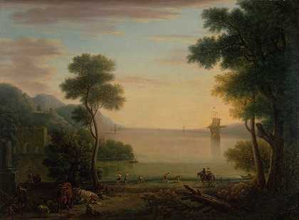 约翰·伍顿的《人物与动物的古典风景日落》