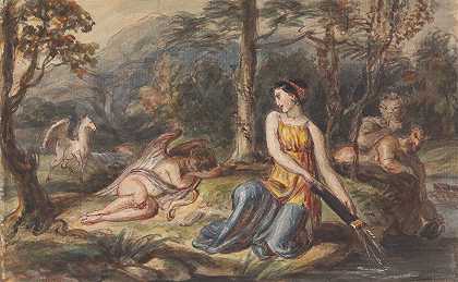罗伯特·史密克的《狩猎女神戴安娜与萨蒂尔、沉睡的丘比特和飞马在森林风景中》