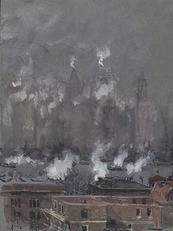 约瑟夫·彭内尔《灰蒙蒙的日子里的烟和雾，纽约市》