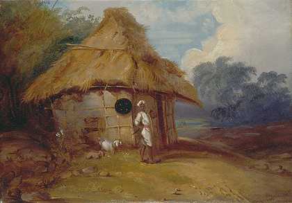 乔治·钦纳里的《印度南部的景色，一个战士在小屋外》