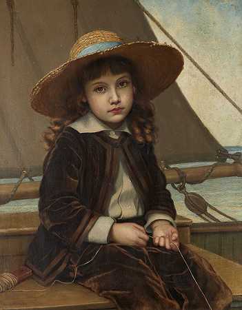 菲比·A·詹克斯的《戴草帽和天鹅绒套装的孩子钓鱼》