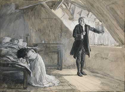 “在临终前的床旁……”埃德温·奥斯汀·艾比为奥利弗·戈德史密斯的《荒村》插图
