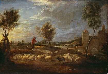 《牧羊人和他的羊群的日落风景》作者：大卫·特尼尔斯