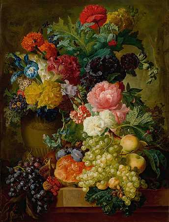 乔治·雅各布斯·约翰内斯·范·奥斯的《花和水果在石壁上的精致静物，远处的森林风景》