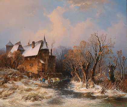 阿道夫·斯塔德曼的《冬季河流风景与房屋和装饰人物》