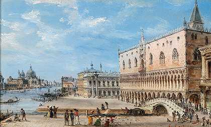 “威尼斯，Riva degli Schiavoni，背景为公爵宫和圣玛丽亚教堂致敬”