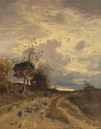 阿道夫·海因里希·利尔（Adolf Heinrich Lier）的《傍晚的秋天风景与归来的羊群》