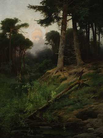 Tadeusz Popiel的《日出时的森林风景》