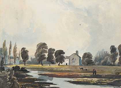 约翰·瓦利（John Varley）的《草地与溪流和教堂》（Meadow Scene With A Stream And Church Beyond）
