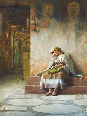 Theodoros Ralli的《睡在教堂里的年轻女孩》