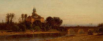 塞缪尔·科尔曼（Samuel Colman）的《带桥和教堂的欧洲河景》（European River View with Bridge and Church）