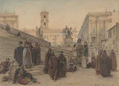 夏尔·弗朗索瓦·胡埃尔（Charles François Houel）在日落时分从罗马阿拉科利教堂楼梯上看到的坎皮多利奥
