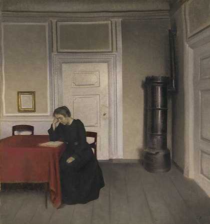 《哥本哈根斯特兰德加德艺术家家中的一间房间，与艺术家的妻子》，作者：Vilhelm Hammershøi