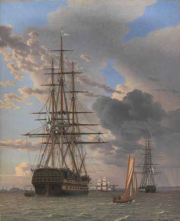克里斯托弗·威廉·埃克斯伯格（Christopoffer Wilhelm Eckersberg）的《俄罗斯战舰》（The Russian Ship of The Line）和《阿索号》（Asow）以及一艘护卫舰在埃尔西诺尔（Elsinore）附近停泊