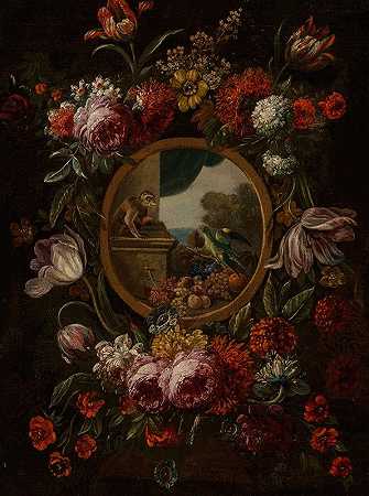 Karel van Vogelaer圆环画的一个花环，用水果、猴子和鹦鹉围绕着一个圆环