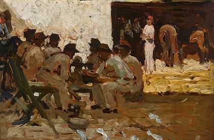 阿瑟·梅尔维尔（Arthur Melville）的《马厩男孩带着fez，士兵坐着，摩洛哥》