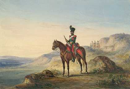 亨利·马滕斯（Henry Martens）的《洛基地形的骑兵与远处的卫兵》
