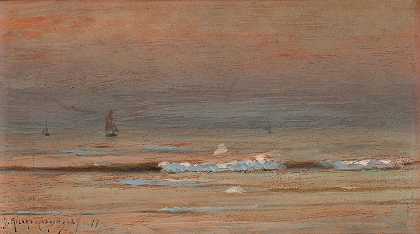 乔治·里卡德·科丁利的《日落时驶向海岸的船只》
