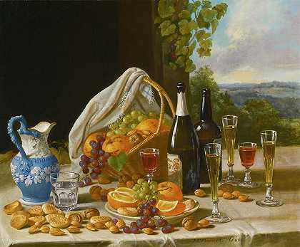约翰·F·弗朗西斯的《葡萄酒与水果的静物》