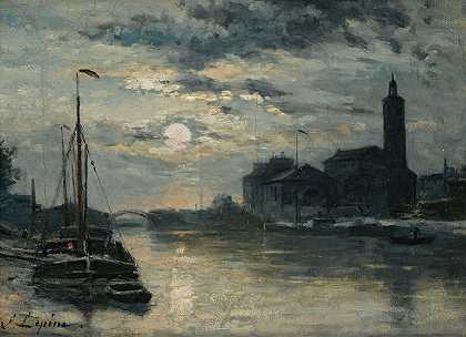 “Ourcq运河，圣克里斯托夫教堂，从马恩码头看。斯坦尼斯拉斯·莱平的月亮效果
