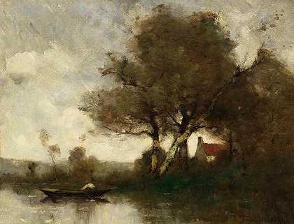 保罗·DésiréTrouillebert的《河流风景与房子和船上的人》