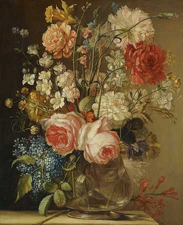 卢多维科·斯特恩（Ludovico Stern）的《石头上的玻璃花瓶里有玫瑰、水仙花和其他花朵的静物》